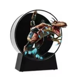 A dinosaur hologram floating inside a desktop display