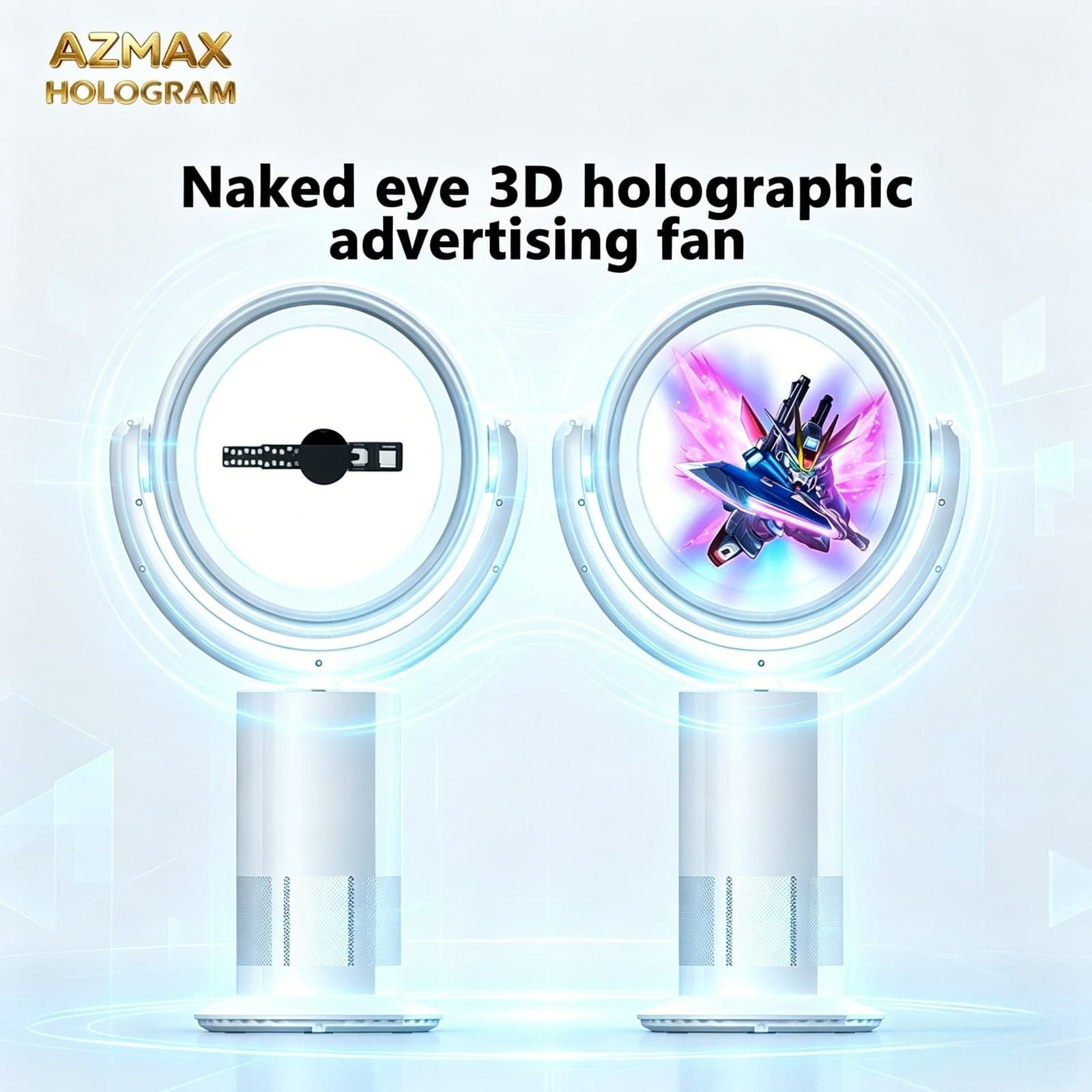 AZMAX Wholesale OEM 3D Hologram Bladeless Fan Naked Eye 3D Holographic Advertising Fan Support Video Custom Commercial